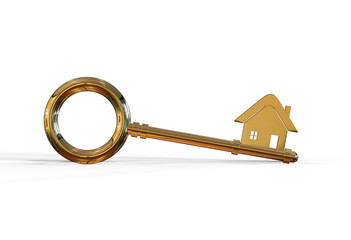 Gold house key on isolated white background