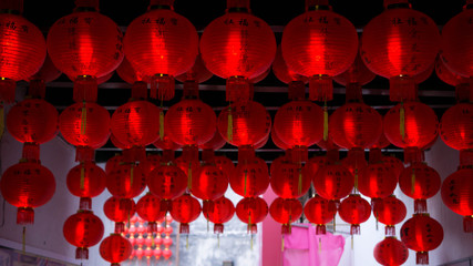 Chinesse red lanterns hanging in one of traditional temples, Malaysia