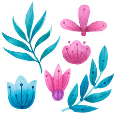 Watercolor background stylized folk ethnic nature floral elements set design. Hand-drawn watercolor illustration.