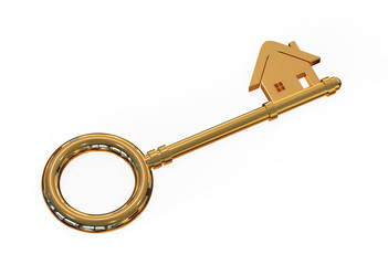 Gold house key on isolated white background