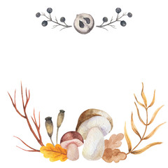 Watercolor background autumn design with mushroom motley foliage celebration harvesting. Hand-drawn watercolor illustration.