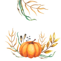 Watercolor background autumn design with pumpkin motley foliage celebration harvesting. Hand-drawn watercolor illustration.