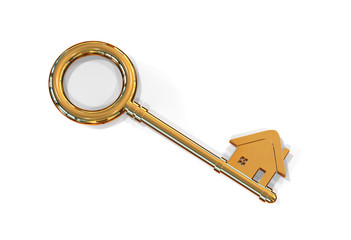 Gold house key on isolated white background