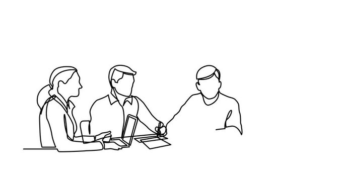 Animation of continuous line drawing of office workers at business meeting