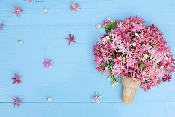 colorful pink small Combretum flowers in ice cream cone on blue wood background for woman mothers or birthday concept