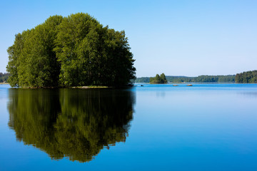 Obraz premium Landscape with calm lake surface in Finland. The sky is cloudless and blue. The lake surface is pollen from trees. Image includes a effect.