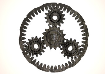 Silver and black planetary gear on a white