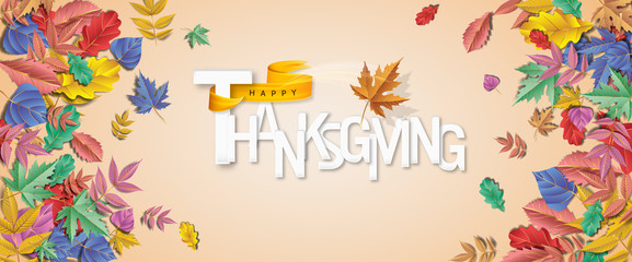 Happy thanksgiving day, autumn holiday background. Happy Thanksgiving Day. Vector Illustration with Hand Lettered Text. Happy Thanksgiving text with fall leaves