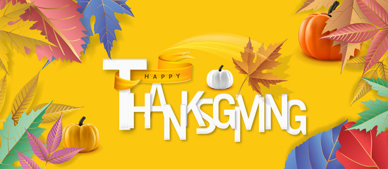 Happy thanksgiving day, autumn holiday background. Happy Thanksgiving Day. Vector Illustration with Hand Lettered Text. Happy Thanksgiving text with fall leaves