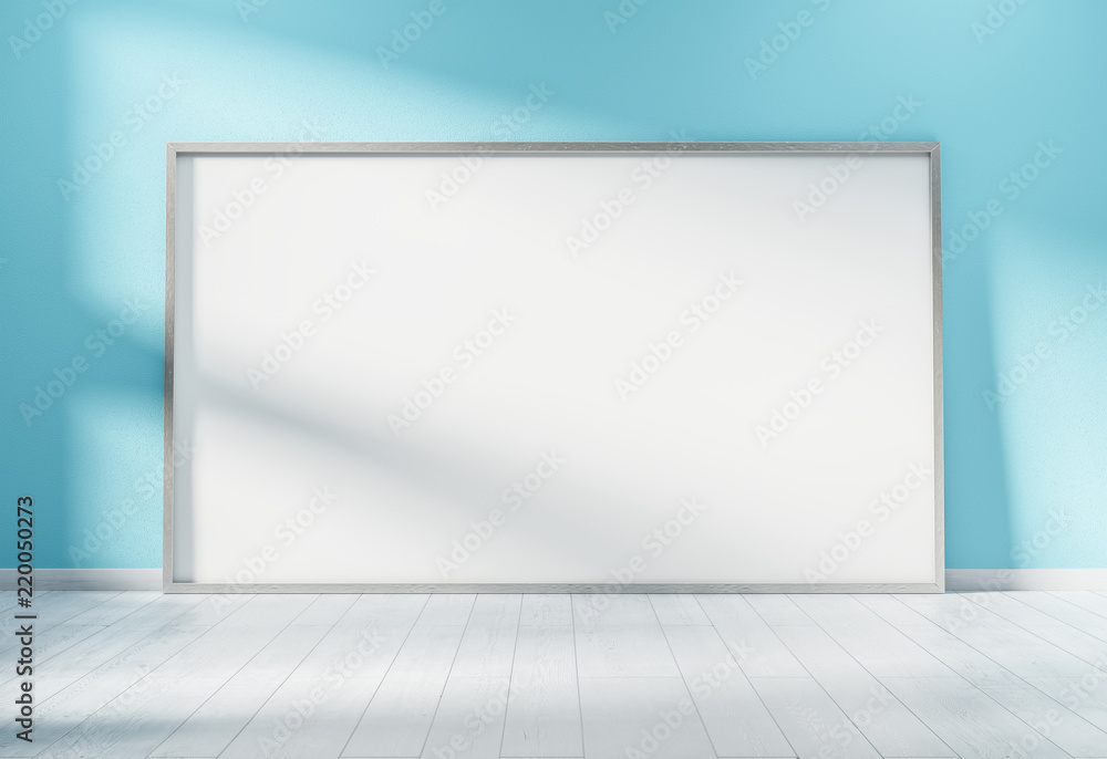 Poster large horizontal frame leaning on a blue wall 3d rendering