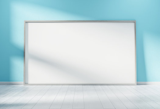 Large horizontal frame leaning on a blue wall 3D rendering