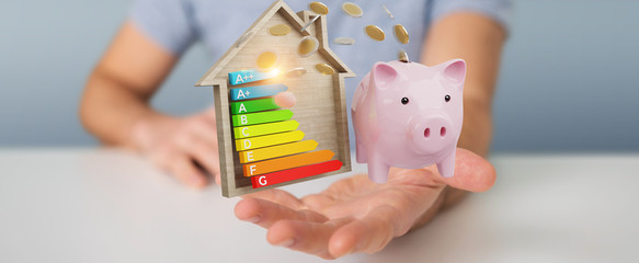 Businessman saving money with good energy chart rating 3D rendering