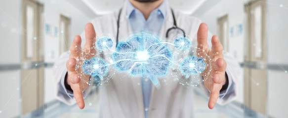 Doctor creating artificial intelligence interface 3D rendering