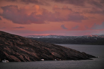 A colorful sunset near the coast of eastern Greenland.