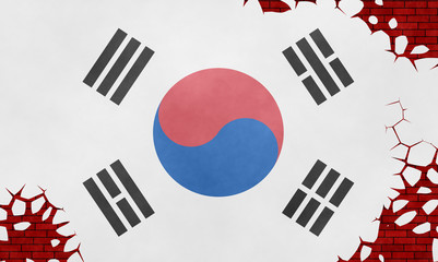 Illustration of a flag of South Korea, imitation of a painting on the cracked wall
