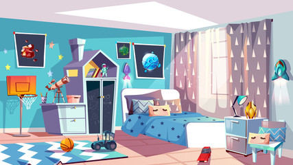 Kid boy room interior vector illustration of modern bedroom furniture in blue Scandinavian style. Cartoon slat chalkboard on house drawer, car toy on carpet and cosmos pictures, blanket on bed