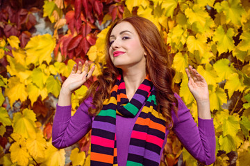 Autumn mood of sensual young stylish fashionable lady wearing trendy fall outfit , wool sweater, Cold beautiful season and Warm clothes 