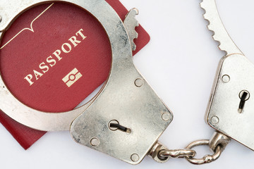 red passport and handcuffs on white background 