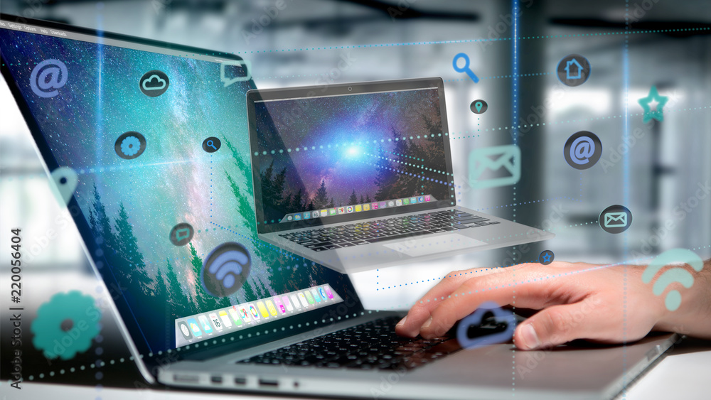 Poster businessman holding a computer surrounding by app and social icon - 3d render
