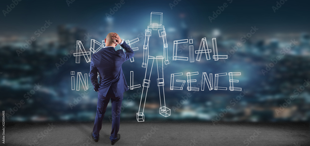 Poster businessman thinking about an artificial inteligence robot made of light 3d rendering