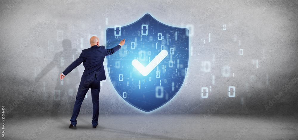 Poster man holding a shield web security concept 3d rendering