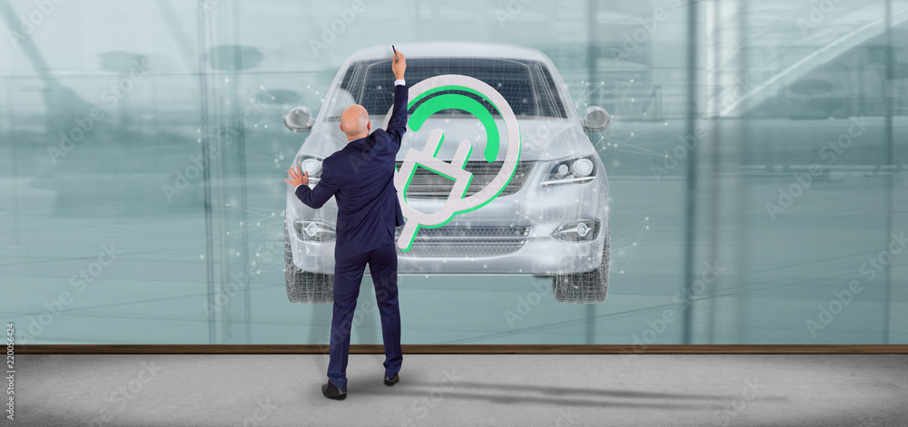 Poster man holding a smartcar concept 3d rendering