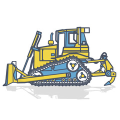 Blue yellow outlined big excavator, digger on white. Digging of ground. Construction machinery and ground works. Professional flatten isolated illustration master vector