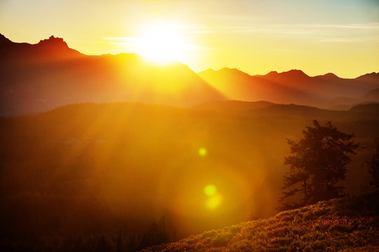 Fototapeta Mountains on sunset