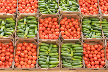 Tomatoes and cucumbers in boxes in the store. Beautiful background of vegetables. Healthy eating. Food for Vegetarians. Healthy lifestyle