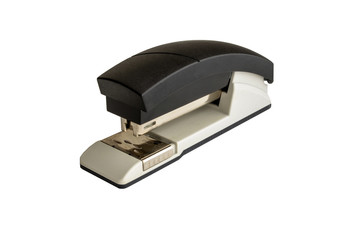 Stapler close-up on an isolated background, with a black plastic coating.