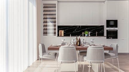 Stylish Home Interior With Open Plan Kitchen And Dining Area with well-laid table