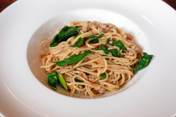 Stir-Fried Minced Pork and Thai Basil Spaghetti