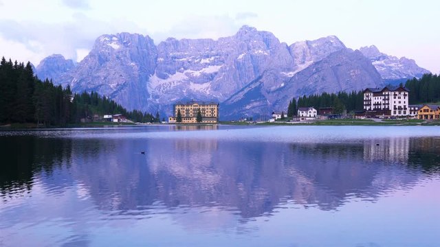 View of the beautiful Limestone Dolomites Mountain and the famous Lake Misurina in Belluno Province Venetao Region Italy in the morning with the water reflection