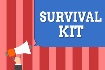 Handwriting text writing Survival Kit. Concept meaning Emergency Equipment Collection of items to help someone Man holding megaphone loudspeaker speech bubble message speaking loud
