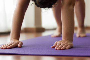 Hands and feet of woman on purple yoga mat while performing downward facing dog. Female yogi...