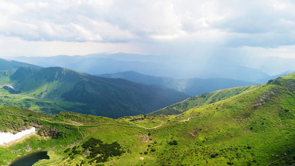Fototapeta na wymiar Aerial view of the footpath in the Carpathian Mountains