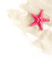 Fototapeta na wymiar Travel and vacation. Vacation season. Summer holiday background. Sea card with sand, shells and starfish on white background. Flat lay, top view, copy space 