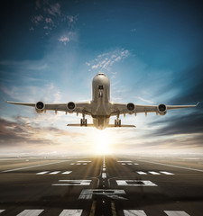 Huge two storeys commercial jetliner taking of runway.