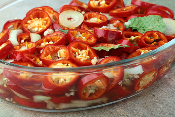 Slices Red hot chilli pepper, garlic, onion, salt and vinegar Fresh organic vegetables for salad.