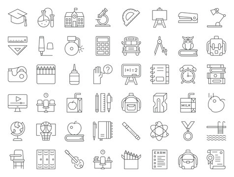 school and education related icon set such as school bus, sharpener, chalkboard, owl, stack of books, staple, swimming pool, editable stroke