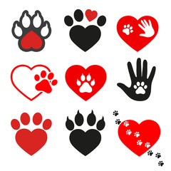 set of signs, design elements, logo design template and badges for veterinary medicine. Includes animal paw print and heart shape. © elena3567