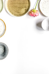 ceramic tableware top view on white background mock up