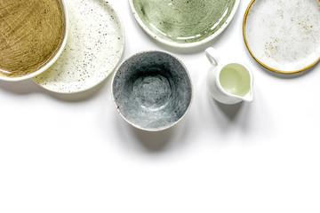 ceramic tableware top view on white background mock up