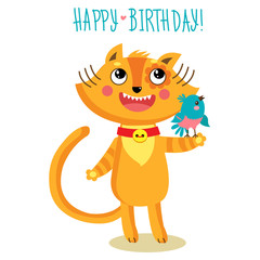 Cute Cat Character Greetings Card. Funny Birthday Greeting Card. Cute Holiday Poster. Cat With Bird Cartoon Vector Illustration.