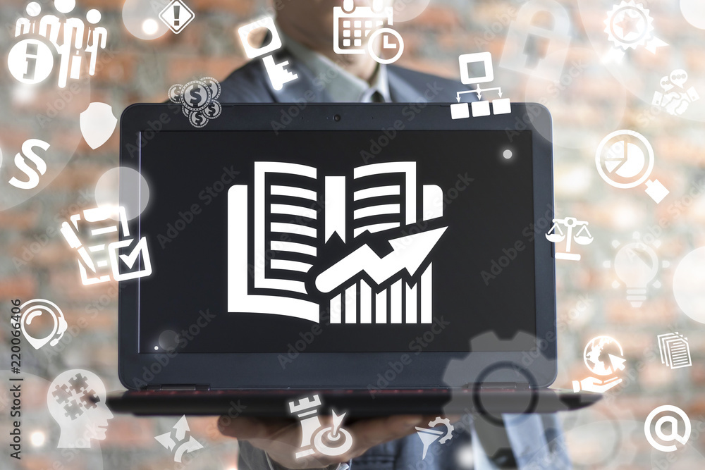 Poster man offers a laptop with a book and chart icon on a display. business stats learning training concep