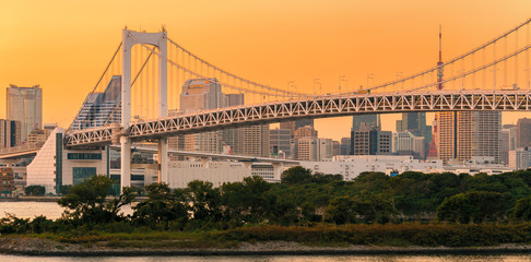 Panorama view of Tokyo Skyline at rainbow bridge Sunset twilight in Japan