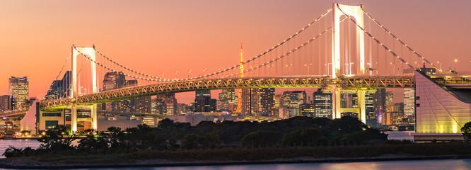 Panorama view of Tokyo Skyline at rainbow bridge Sunset twilight in Japan
