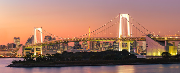Obraz na płótnie Canvas Panorama view of Tokyo Skyline at rainbow bridge Sunset twilight in Japan