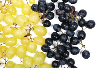 Dark and white grapes isolated on white background, top view