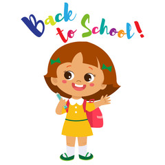 Vector Illustration Of Happy School Girl Go To School. Welcome Back To School. Cute School Girl With Schoolbag Isolated On A White Background.